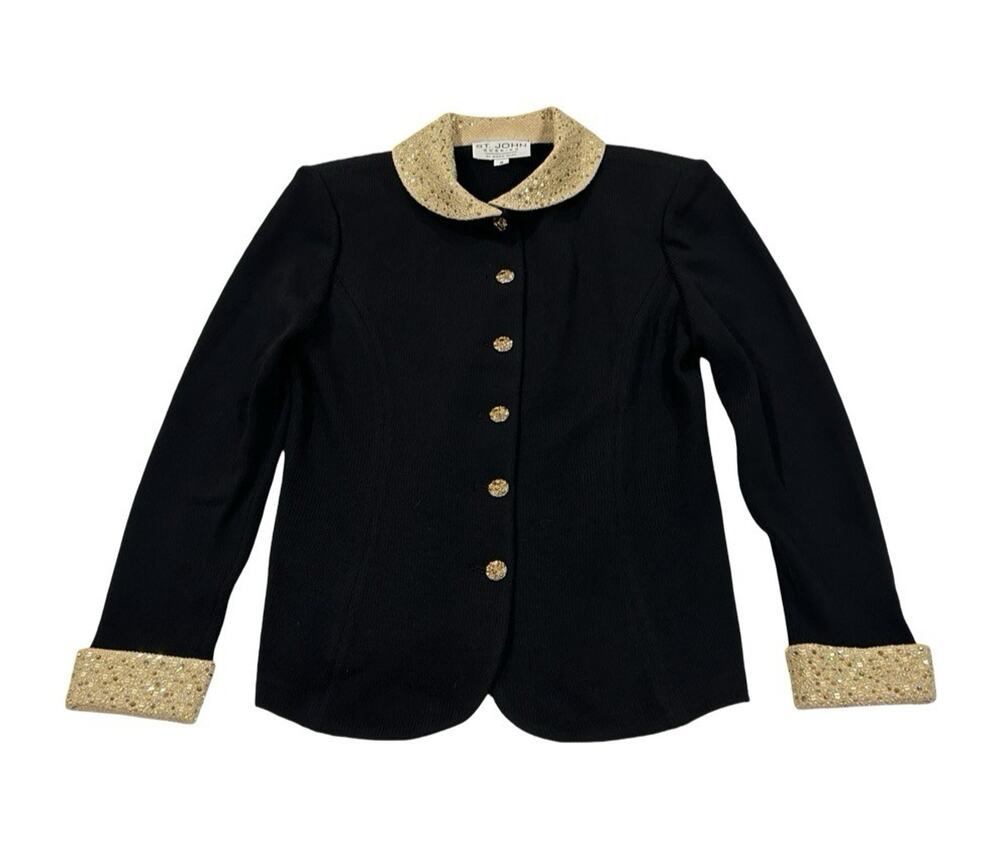 St. John Evening Black Knit Blazer Jacket Size 8 Golden Collar Embellished